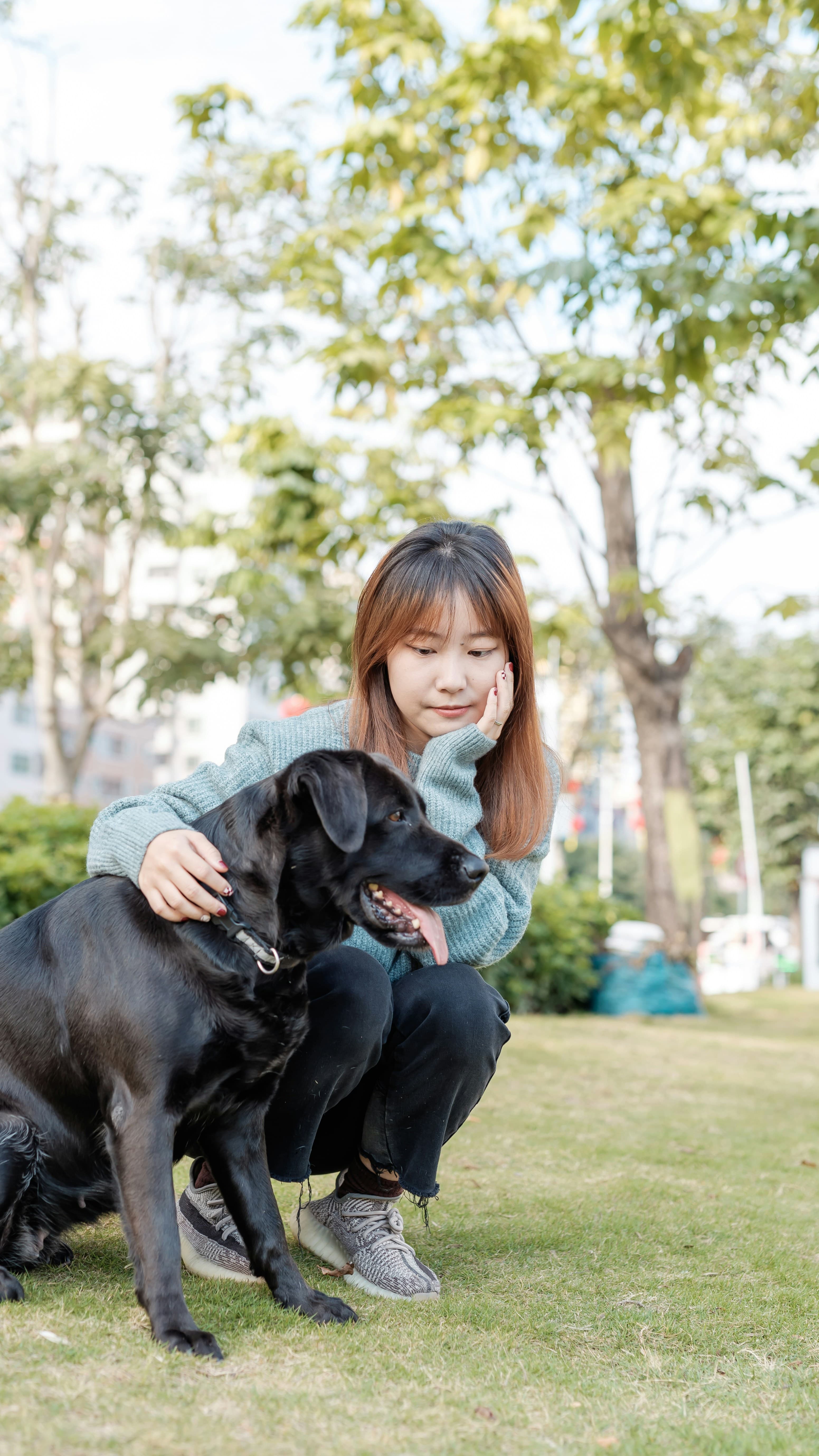 หญิงสาวชาวเอเชียนั่งยองๆ กอดน้องหมาสีดำในสวนกลางเมือง